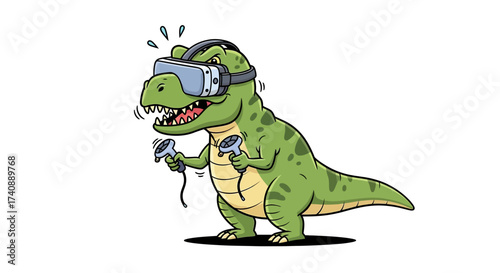 Humorous cartoon Tyrannosaurus Rex looking scared while using a VR headset for an immersive gaming experience