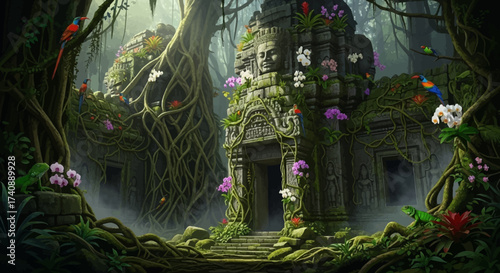 Ancient Temple Overgrown by Lush Jungle Vegetation and Exotic Birds