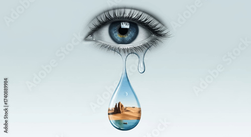 Environmental Awareness Eye with Desert Landscape in Tear Drop