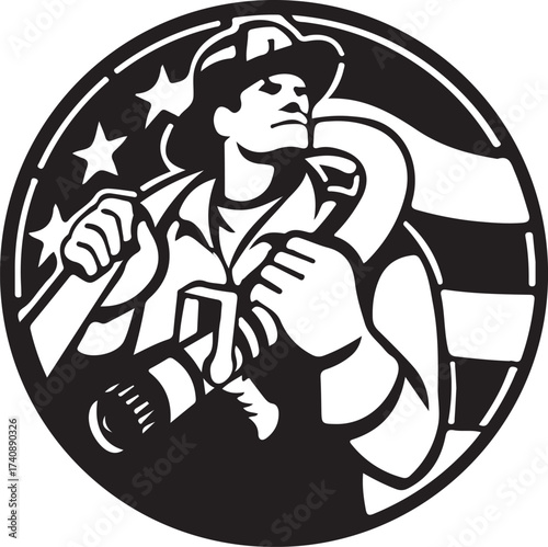 Vector art of american firefighter carrying hose with stars and stripes