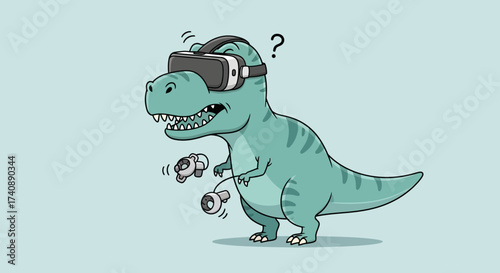A curious dinosaur wearing a virtual reality headset and holding controllers, pondering its next move in the digital world