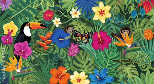Vibrant Tropical Jungle Scene Bursting with Exotic Flora, Fauna, and Colorful Butterflies