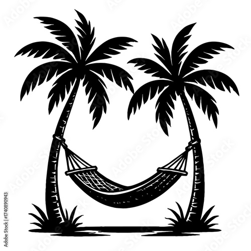 Serene tropical escape: A classic silhouette illustration of a comfortable hammock swaying gently between two iconic palm trees, evoking ultimate relaxation, beach vibes, and summer vacation dreams, p