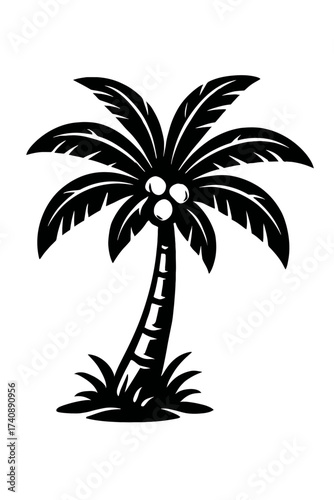 Iconic black and white vector silhouette of a tropical coconut palm tree with three coconuts and lush fronds, perfect for beach-themed designs, vibrant logos, serene vacation graphics, exotic nature i