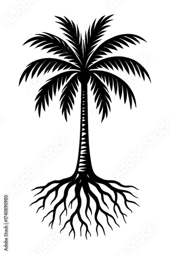 Stunning Black Silhouette Palm Tree Vector Art with Visible Roots. Perfect for Tropical, Island, Beach, Summer, and Paradise Themed Designs. An Iconic Symbol of Nature, Growth, and Resilience for Logo