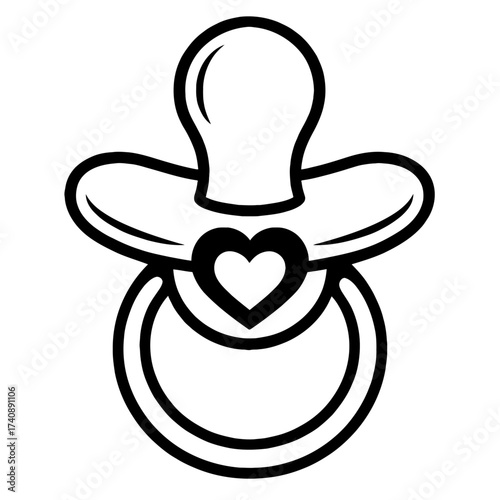 Black and white outline image of a baby pacifier with heart. Minimalist vector graphic symbolizes infant comfort and love. Ideal for nursery decor, baby showers, newborn gifts, and kids branding. Vers