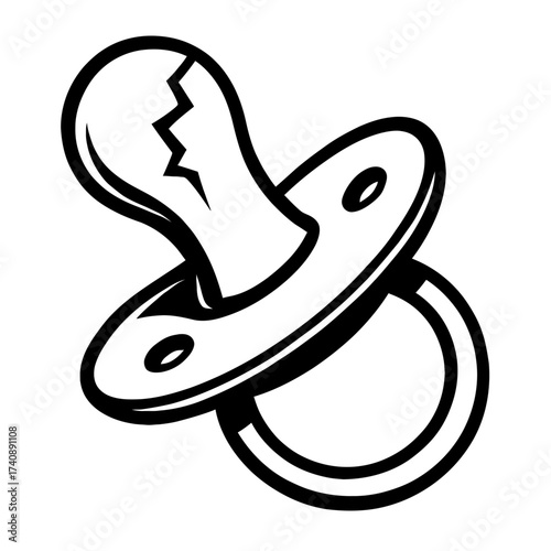 Vector outline of pacifier with crack on nipple. Graphic symbolizes damaged or unsafe infant item, ideal for child safety warnings, product recalls, parenting guides on inspecting baby gear. Essential