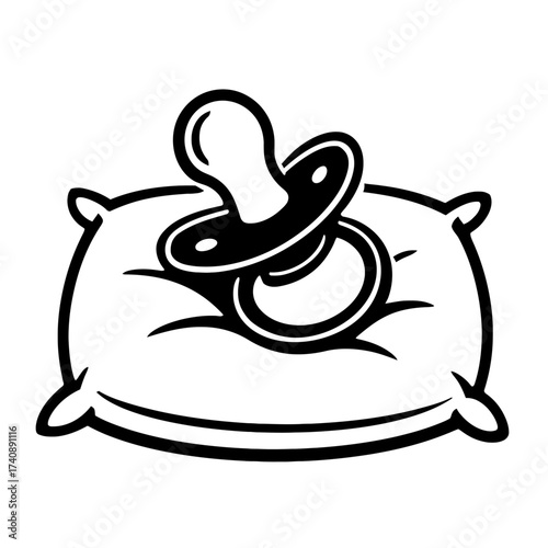 Baby pacifier on pillow, black and white vector illustration. This serene graphic symbolizes infant comfort, peaceful sleep, and soothing care for newborns and toddlers. Ideal for baby product brandin