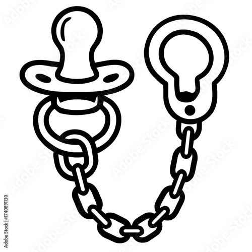 Vector illustration of a baby pacifier connected to a clip by a chain. This essential infant accessory ensures the dummy remains secure and clean, preventing loss. Ideal for childcare products and res