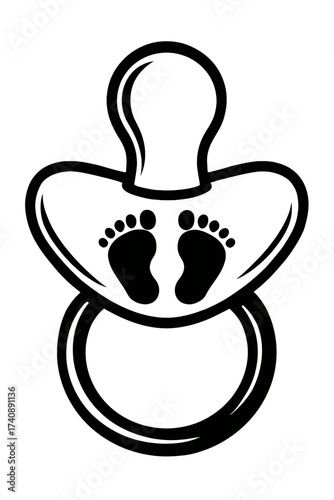 Black outline vector of a baby pacifier, featuring infant footprints on shield. Minimalist soother icon for newborn care, baby shower invites, maternity designs, toddler products, childcare, early chi