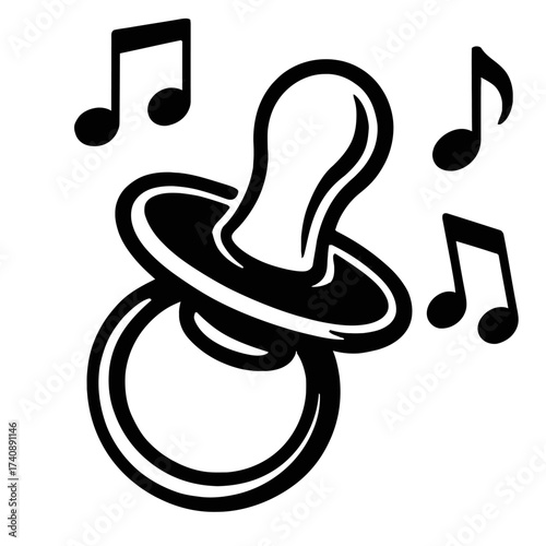 High-quality vector illustration of a baby pacifier with musical notes, symbolizing infant comfort, lullabies, and soothing sounds. This monochrome graphic is ideal for baby product designs, nursery d