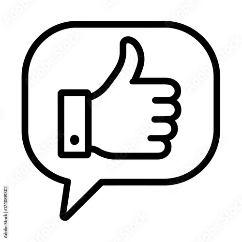 Black and white line art icon of a hand with a thumbs-up gesture in a speech bubble. Symbolizes approval, 'like,' positive feedback, satisfaction, agreement, endorsement. Ideal for social media, UI/UX