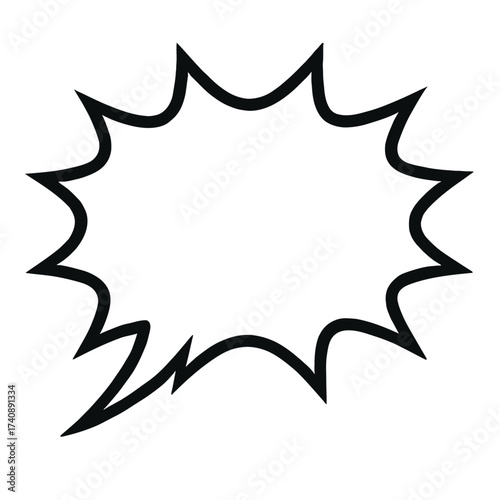 Dynamic spiky comic speech bubble, bold black outline, pointed tail. Blank for impactful dialogue, urgent messages, loud exclamations, sound effects. Versatile vector graphic for web, print, digital m