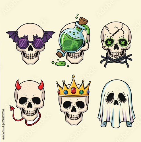 Collection of six hand drawn halloween skulls with various accessories including wings sunglasses potion crown devil horns and a ghost sheet isolated on white background