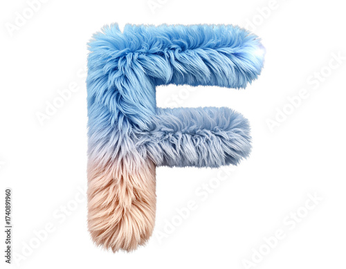 Hyper-Realistic 3D Letter F in Fluffy Pastel Blue Fur PNG.