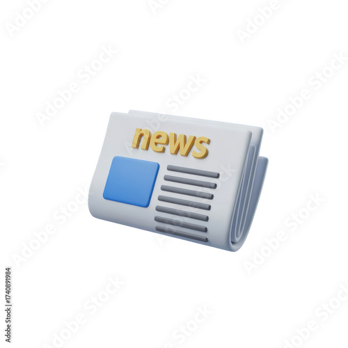 3d rendered folded newspaper icon with 'news' headline and blue section