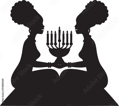  Monochrome Black Silhouette – Two Afro-Haired Women Holding Hanukkah Menorah (Judaic Holiday Unity Art)