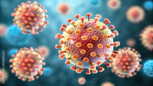 RSV Virus concept. Microscopic view of a virus with spikes, illustrating its structure and detail in a scientific context.