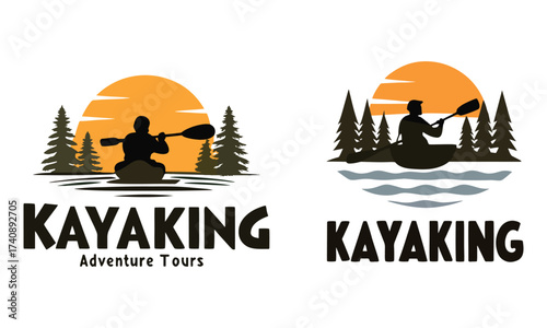 Kayaking Adventure Logo Badges | Forest Lake Sunset Vector
