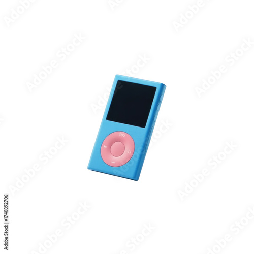 Light blue portable music player with click wheel and screen on a solid background