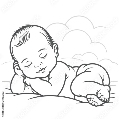 Line drawing of a sleeping baby with closed eyes resting on a pillow infant newborn