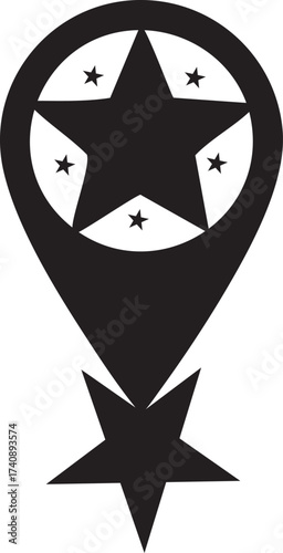 Black Silhouette of Star-Shaped Location Pin Icon with Surrounding Stars