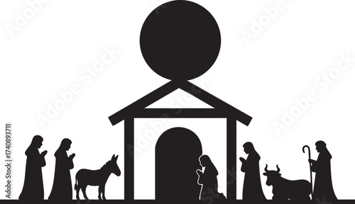 Monochrome Black Silhouette – Christmas Nativity Scene (Stable, Holy Figures & Farm Animals)