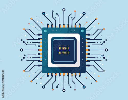 A flat vector illustration of a central computer processor microchip, symbolizing digital innovation, data processing, and future technology
