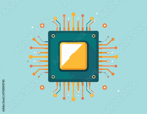 A detailed and modern flat design illustration of a powerful computer chip. This central processing unit symbolizes digital technology and innovation
