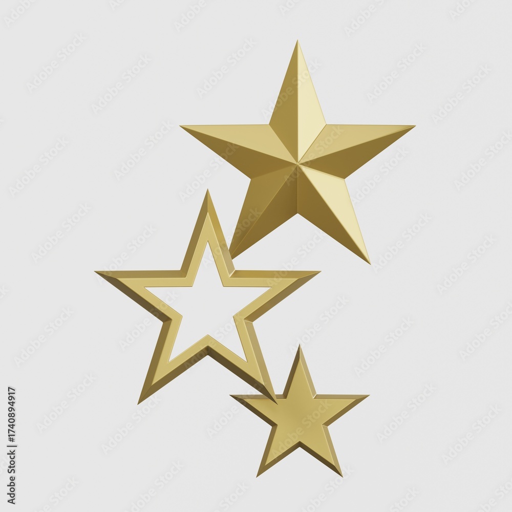Obraz premium Set of various realistic gold stars isolated on a white background. 3D trophy star icon. 3D rendering.