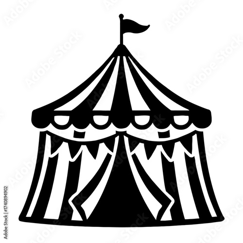 Classic striped circus tent icon with waving flag, perfect for entertainment, event, festival, fair, or carnival themes. Ideal vector graphic for invitations, posters, digital designs, and festive cel
