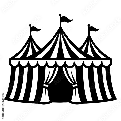 Striking classic black and white circus tent icon silhouette, featuring a majestic big top design with three distinct peaked roofs, decorative flying flags atop each peak, and an elegantly draped open