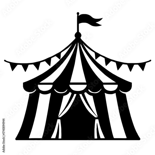 Elegant Circus Tent Silhouette Vector Icon: A Classic Big Top Marquee Illustration with a Distinctive Waving Flag, Decorative Bunting, and Inviting Entrance, Perfect for Themed Entertainment, Festival