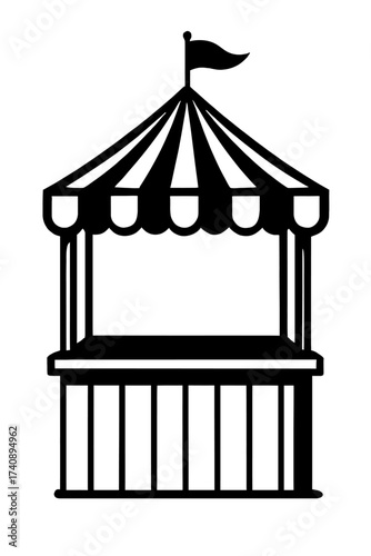 Classic carnival booth vector icon, featuring a black and white striped tent roof and a flag, ideal for fairground, market stall, concession stand, festival, or game booth designs, a versatile graphic