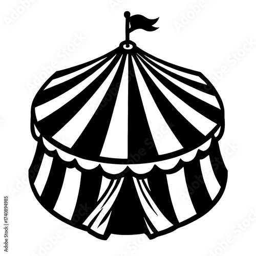Black and white striped circus tent big top illustration with flag, a classic vintage carnival symbol representing exciting fairground entertainment, grand spectacle, magic shows, and festive events.