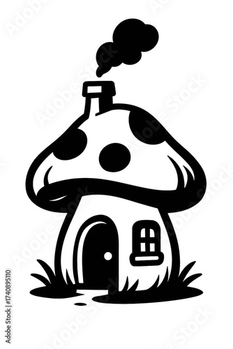 Enchanting Cartoon Mushroom Dwelling with a Spotted Cap Roof, Puffing Chimney, Inviting Doorway, and Classic Window on a Grassy Patch. A Nostalgic, Hand-Drawn Style Black and White Graphic for Fantasy
