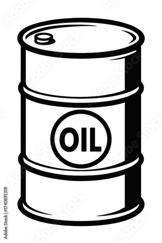 Black and white vector illustration of a classic industrial oil barrel with the word 'OIL' clearly visible, symbolizing global energy, crude oil, petroleum, fossil fuels, and the vital resources drivi