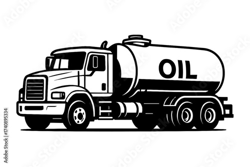Bold black and white vector illustration featuring a robust oil tanker truck, clearly labeled 'OIL', symbolizing essential heavy-duty transportation for petroleum and fuel delivery, critical for globa