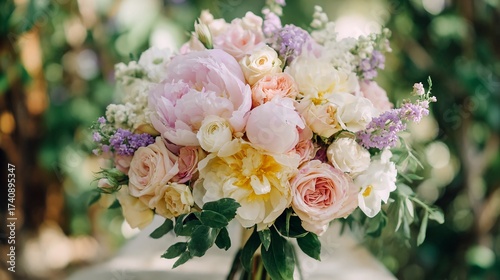 Elegant floral arrangement with peonies and roses in soft pastel hues perfect for weddings and special occasions, conveying romance and beauty in every petal