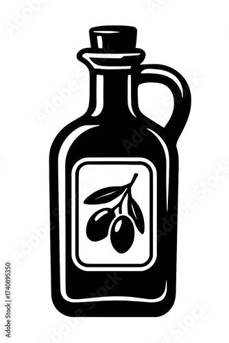 Stylized vector icon of a classic olive oil bottle with a cork stopper and handle, prominently labeled with a fresh olive branch displaying two ripe olives and leaves, symbolizing healthy Mediterranea