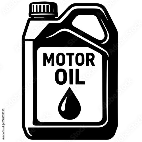 Premium Motor Oil Jug Icon: Essential Automotive Engine Lubricant, Black and White Vector Graphic for Car Maintenance, Vehicle Service, Industrial Supply, and Fluid Replacement Needs, Illustrating Qua