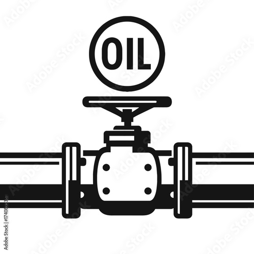 Oil Pipeline Valve Icon - Black & White Vector Graphic Representing Energy Industry, Crude Oil Transportation, Fuel Supply, Industrial Infrastructure Control System Element for Gas, Petroleum & Resour