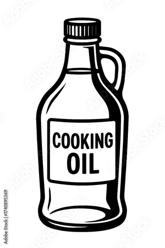 Black and white vector illustration of a cooking oil jug with handle and screw top lid, perfect for kitchen-related designs, food blogs, recipe graphics, and culinary themes for delicious cooking meal