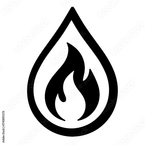 Black & white vector icon: Flammable Liquid & Fuel. Flame in droplet symbolizes heat, ignition, combustion, oil, gas, petroleum. Used for industrial safety, chemical warnings, power, and heating. Mode