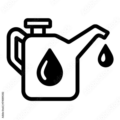 Black outline icon of an oil can with a dripping spout, a prominent oil drop inside, symbolizing motor oil, engine lubricant, fuel, petroleum products. Essential for automotive, industrial maintenance