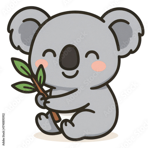 Smiling cartoon koala holding eucalyptus branch
