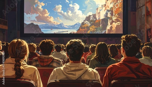 People watching a movie in a cinema with a beautiful landscape screen