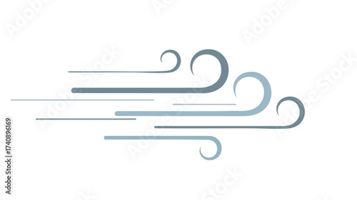 A stylized graphic illustration of blowing wind with blue and gray lines and swirls on a white background.