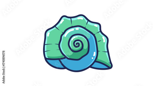 A stylized illustration of a vibrant green and blue seashell with a prominent spiral pattern.