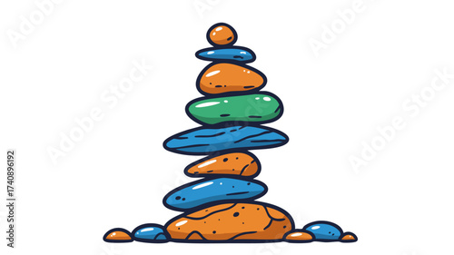 A colorful hand-drawn illustration of a tower of stacked, balanced stones in orange, blue, and green.